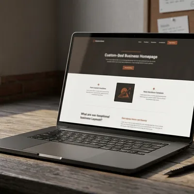 Laptop on a wood desk showing a warm, spacious custom business homepage layout; screen text blurred.