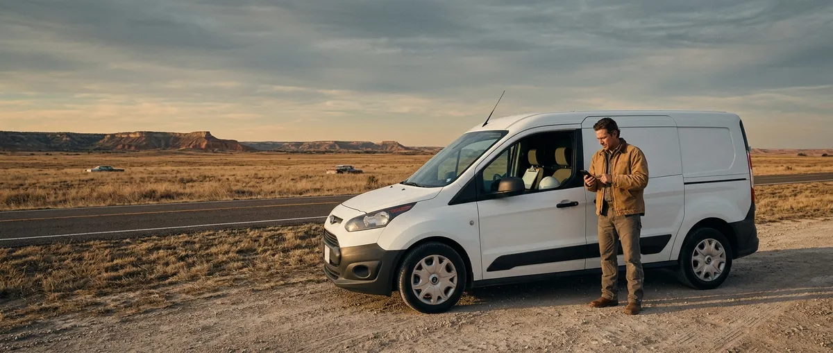 Service van and contractor on a Panhandle road at golden hour: local operators ready for the next job.