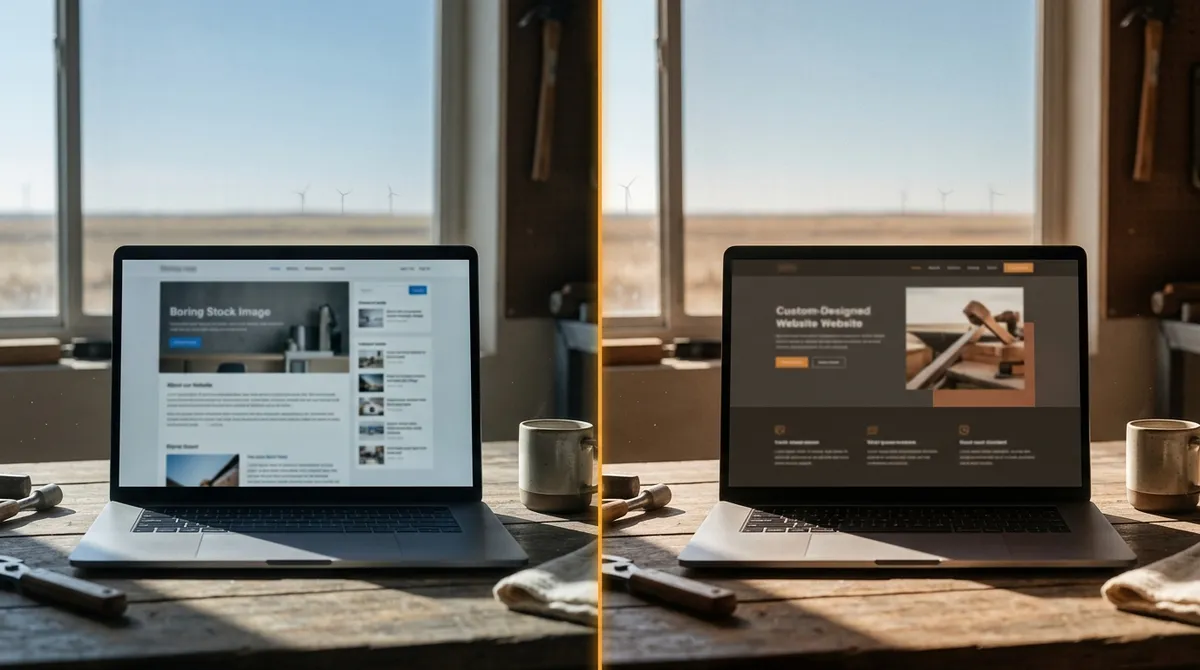 Before-and-after website layouts on a laptop: generic template versus a custom, spacious design.