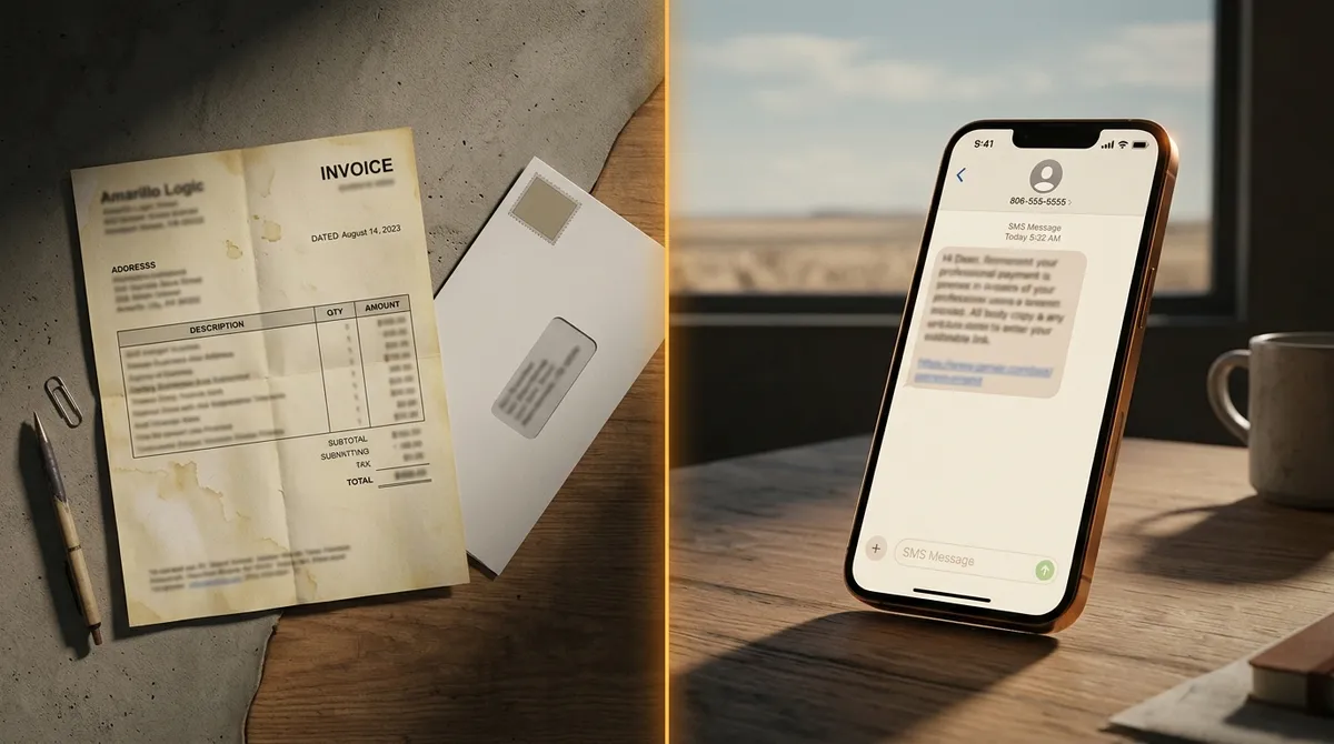 Split scene: mailed paper invoice and envelope versus a phone text from 806-555-5555 with a blurred payment link; modern pay wins.