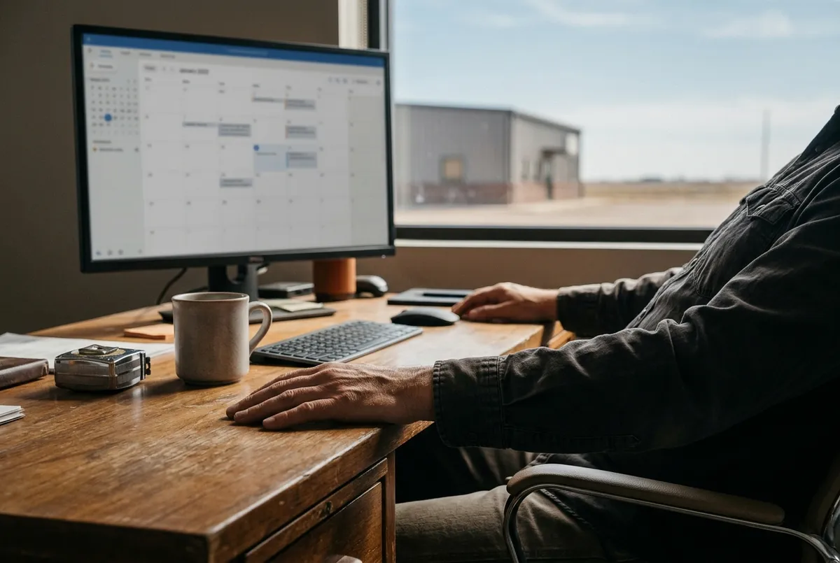 Hands stretching back from a keyboard after work; blurred calendar on a monitor; systems under control.