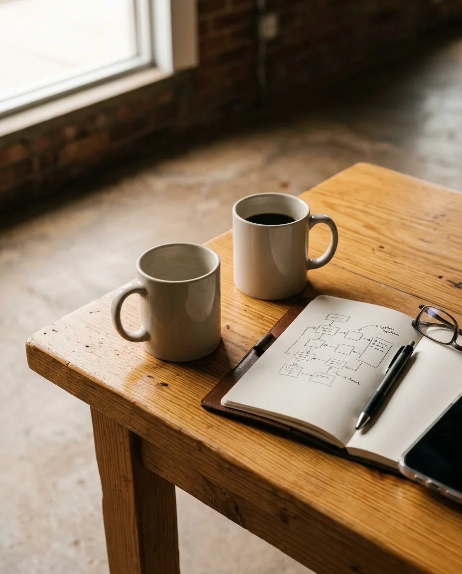 Coffee mugs, notebook with a light system sketch, pen, and reading glasses on honey-toned wood in soft window light.