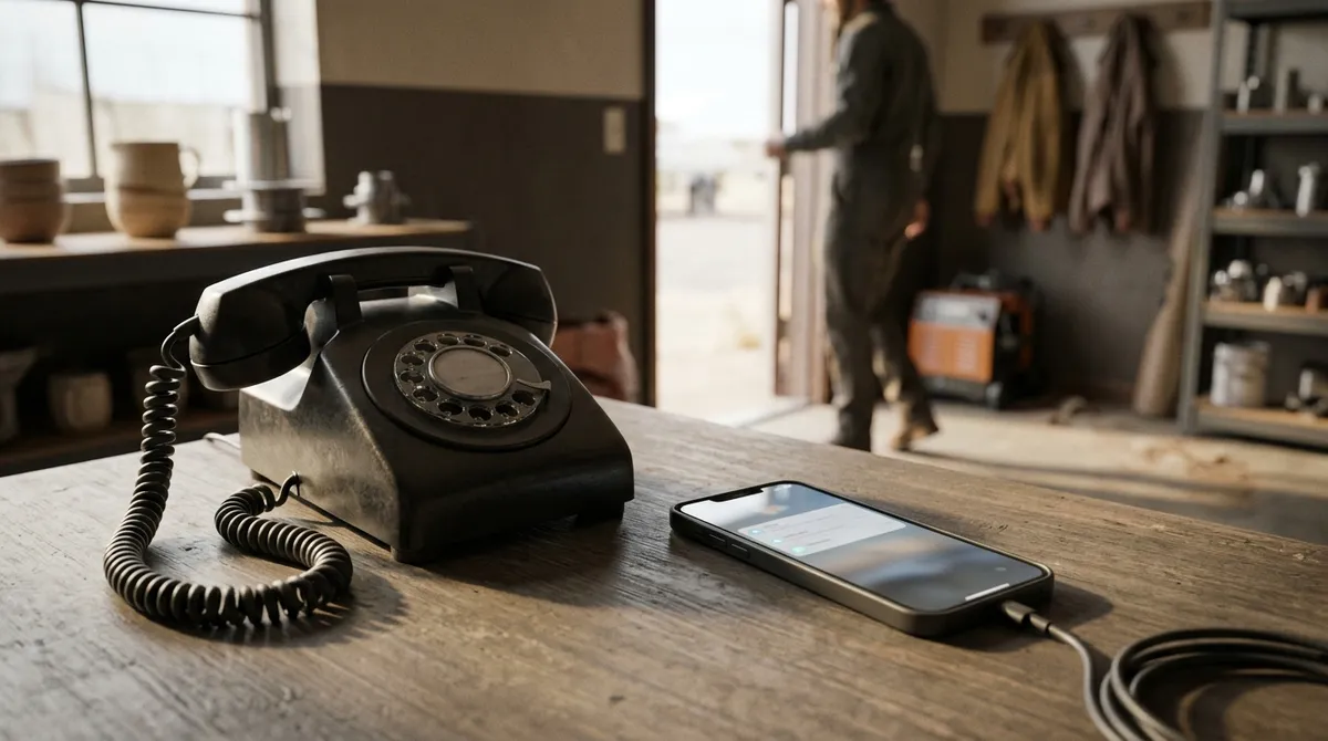 Desk phone and smartphone on warm wood: lines open, local team ready to answer.