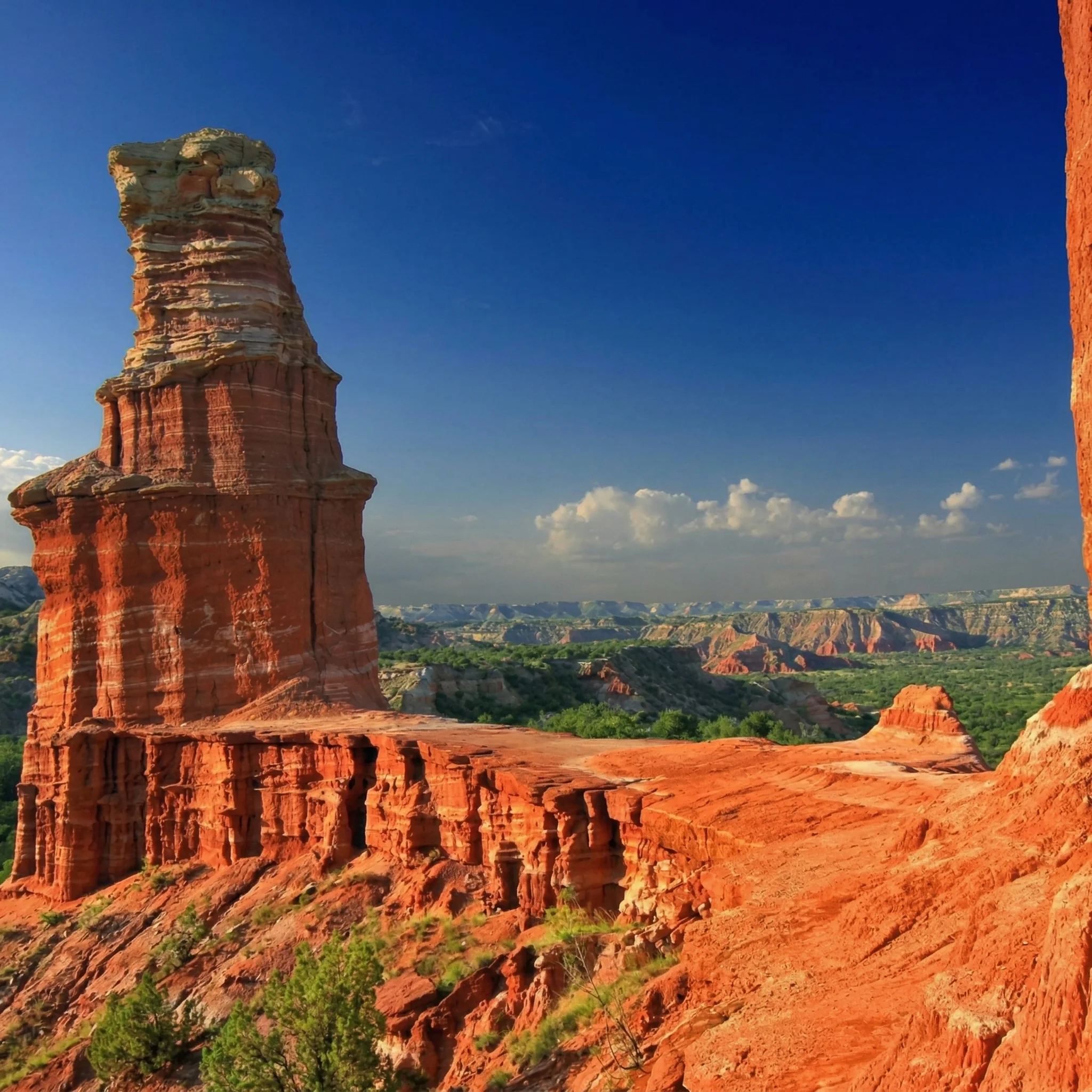 The Lighthouse rock formation at Palo Duro Canyon near Amarillo, Texas, layered red rock and open sky over the canyon.
